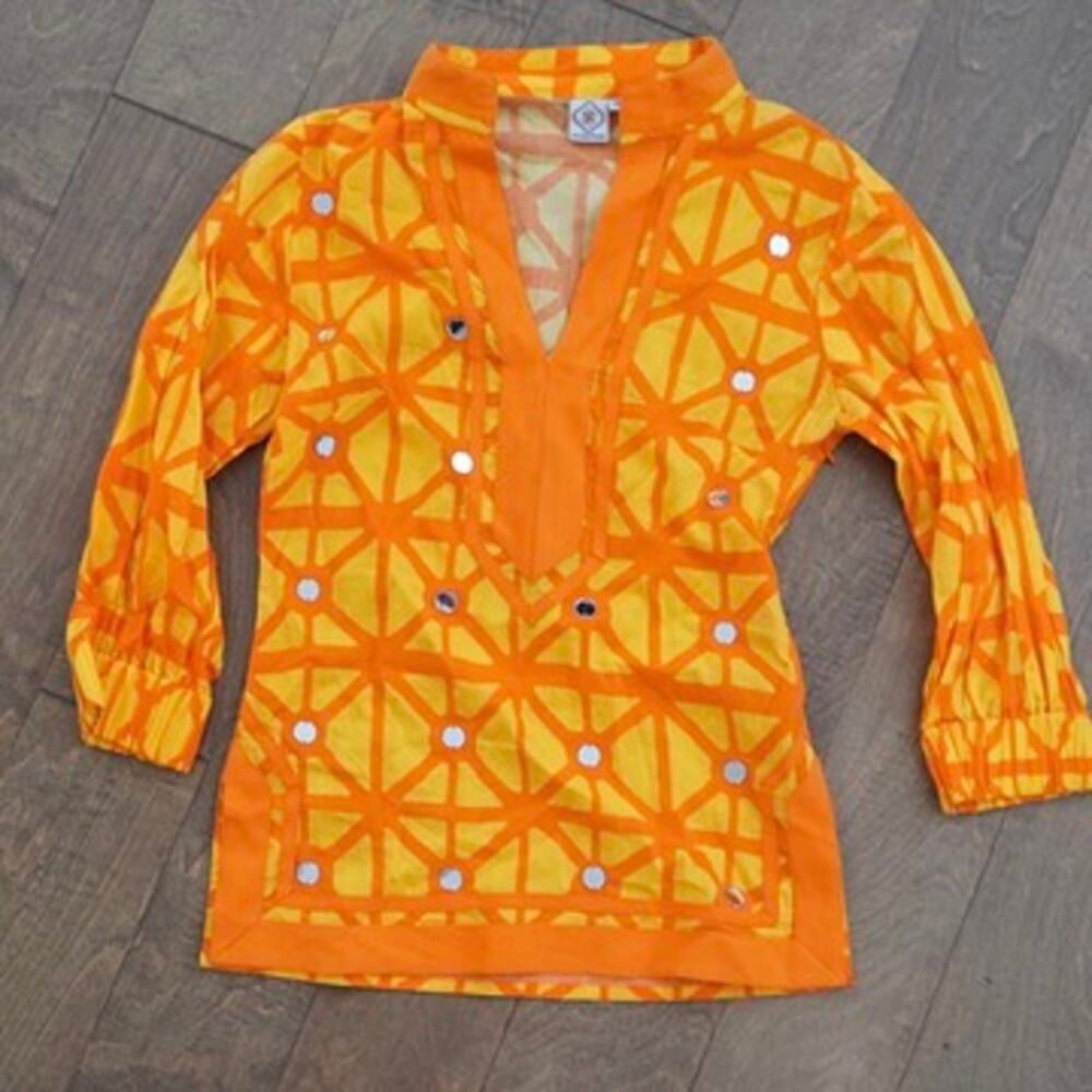 Sheridan French 3/4 Sleeve Printed Faux Button Split Neck Top Orange Womens Sz 0